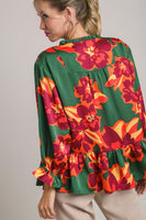 Umgee Satin Print 3/4 Sleeve Ruffle Neck Tie Tiered Top in Green Mix