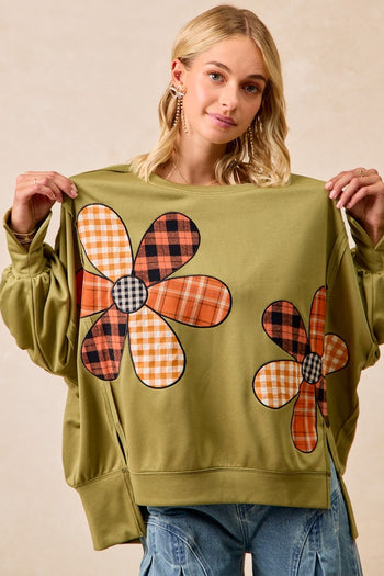 BiBi OVERSIZED Mixed Plaid Flower Patched French Terry Top in Olive