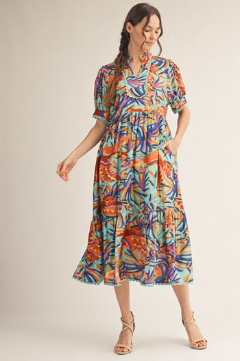 Jodifl Tropical Print Midi Dress with Scalloped Trim Detail in Aqua Blue