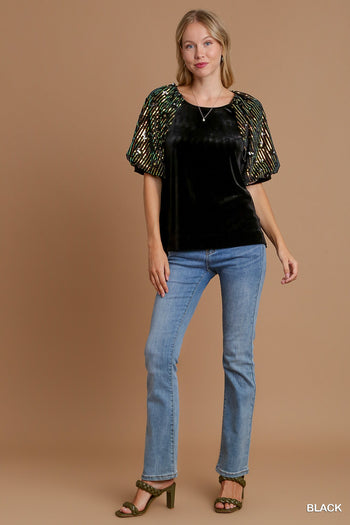 Umgee Velvet and Sequin Top in Black