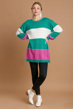 Load image into Gallery viewer, Umgee Color Block Tunic Dress Sweater in Teal
