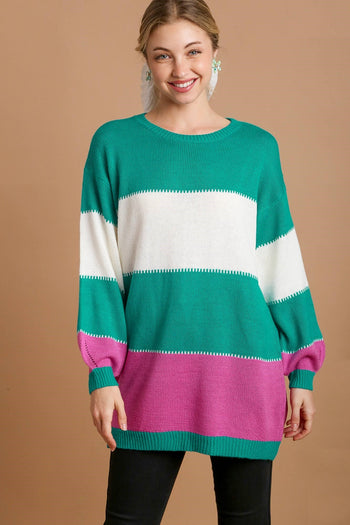 Umgee Color Block Tunic Dress Sweater in Teal