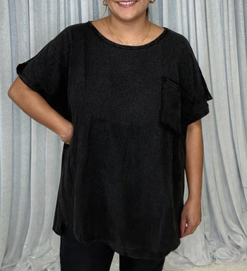 Easel Solid Color Cotton and Linen Blend Top in Ash Black