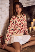 So Me Cherry Ribbon Pattern Knit Sweater in Beige
