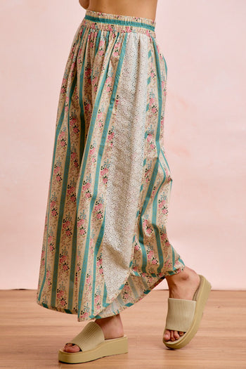 BiBi Floral Eyelet Side Elastic Waist Wide Leg Pants in Teal