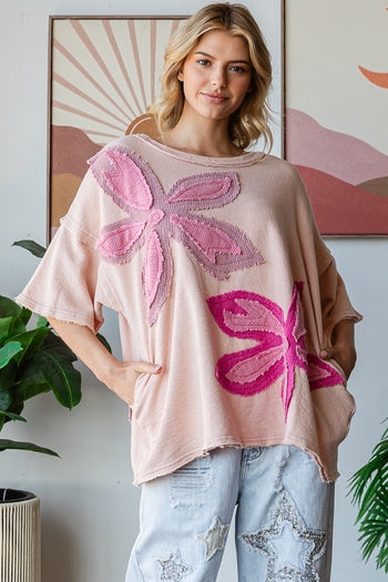 Oli & Hali OVERSIZED Contrasting Flower Patch Top in Blush