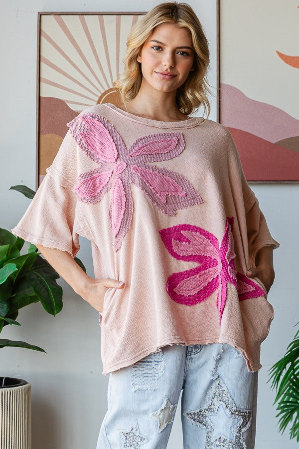 Oli & Hali OVERSIZED Contrasting Flower Patch Top in Blush – June Adel