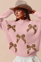 So Me Christmas Ribbon Bow Sequin Sweater in Blush/Gold