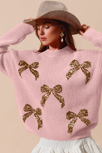 So Me Christmas Ribbon Bow Sequin Sweater in Blush/Gold