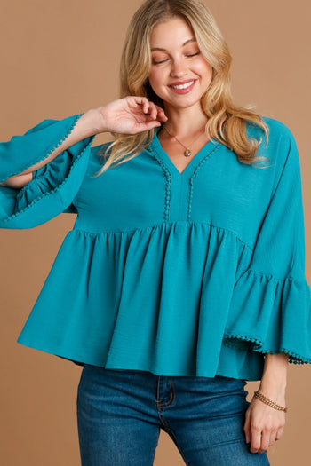 Umgee V-Neck Blouse with Lace Trim Bell Sleeve in Teal