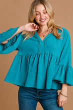 Load image into Gallery viewer, Umgee V-Neck Blouse with Lace Trim Bell Sleeve in Teal
