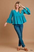 Umgee V-Neck Blouse with Lace Trim Bell Sleeve in Teal