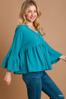 Umgee V-Neck Blouse with Lace Trim Bell Sleeve in Teal