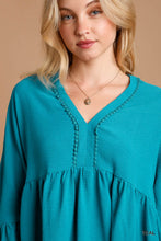 Load image into Gallery viewer, Umgee V-Neck Blouse with Lace Trim Bell Sleeve in Teal
