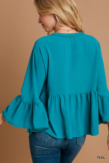 Umgee V-Neck Blouse with Lace Trim Bell Sleeve in Teal