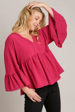 Load image into Gallery viewer, Umgee V-Neck Blouse with Lace Trim Bell Sleeve in Magenta
