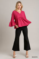 Umgee V-Neck Blouse with Lace Trim Bell Sleeve in Magenta