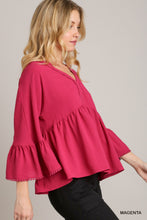 Load image into Gallery viewer, Umgee V-Neck Blouse with Lace Trim Bell Sleeve in Magenta
