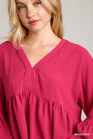 Umgee V-Neck Blouse with Lace Trim Bell Sleeve in Magenta