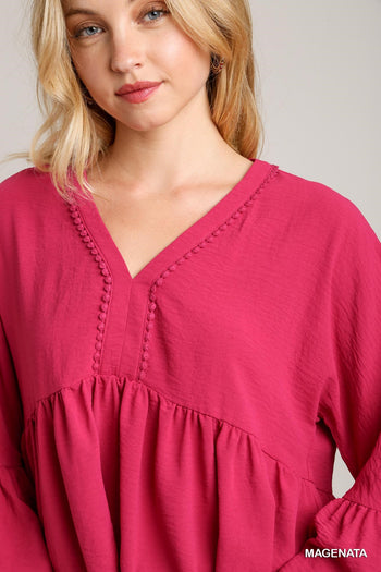 Umgee V-Neck Blouse with Lace Trim Bell Sleeve in Magenta