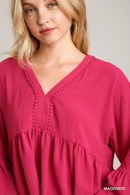 Load image into Gallery viewer, Umgee V-Neck Blouse with Lace Trim Bell Sleeve in Magenta
