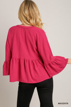 Load image into Gallery viewer, Umgee V-Neck Blouse with Lace Trim Bell Sleeve in Magenta
