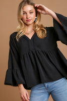 Umgee V-Neck Blouse with Lace Trim Bell Sleeve in Black