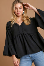 Load image into Gallery viewer, Umgee V-Neck Blouse with Lace Trim Bell Sleeve in Black
