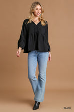 Load image into Gallery viewer, Umgee V-Neck Blouse with Lace Trim Bell Sleeve in Black
