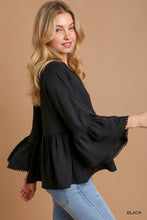 Load image into Gallery viewer, Umgee V-Neck Blouse with Lace Trim Bell Sleeve in Black

