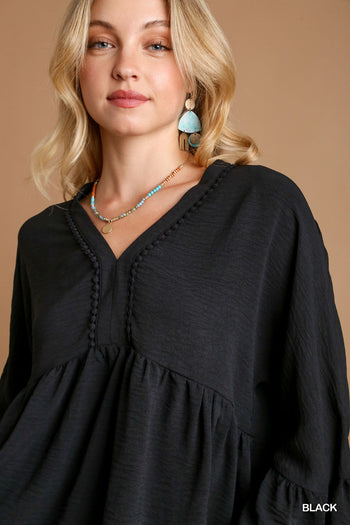 Umgee V-Neck Blouse with Lace Trim Bell Sleeve in Black