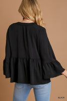 Umgee V-Neck Blouse with Lace Trim Bell Sleeve in Black