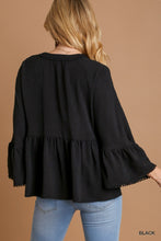 Load image into Gallery viewer, Umgee V-Neck Blouse with Lace Trim Bell Sleeve in Black
