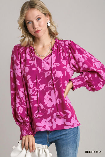 Umgee Floral Print Notch Neckline Top in Berry