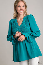 Load image into Gallery viewer, Umgee Solid Color Smocked Detailed Top in Teal
