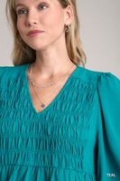 Umgee Solid Color Smocked Detailed Top in Teal