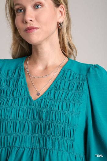Umgee Solid Color Smocked Detailed Top in Teal