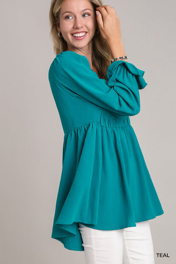 Umgee Solid Color Smocked Detailed Top in Teal