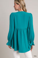 Umgee Solid Color Smocked Detailed Top in Teal