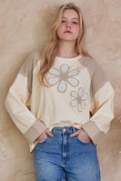 mello. Checkered Contrast Top with Daisy Patches in Multi Brown