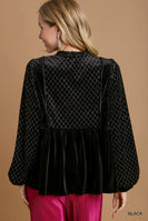 Umgee Sparkle Velvet Top with Front Neck Tie in Black