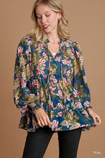 Umgee Gold Foil Floral Print Top in Teal
