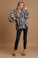 Umgee Gold Foil Floral Print Top in Teal