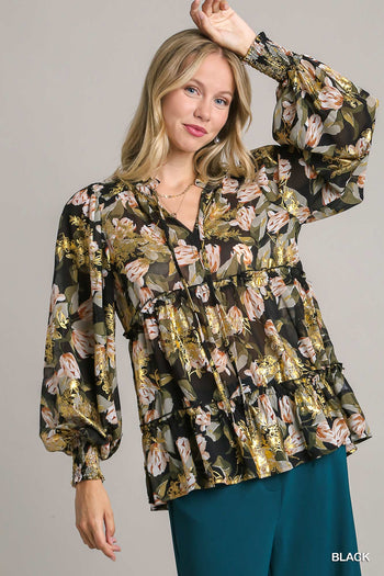 Umgee Golf Foil Floral Print Top in Black