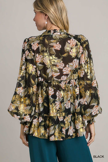 Umgee Golf Foil Floral Print Top in Black