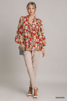 Umgee Gold Foil Floral Print Top in Sangria