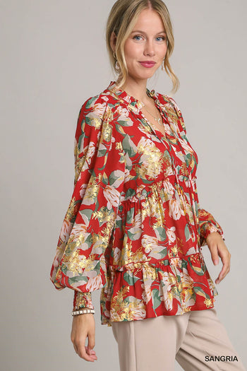 Umgee Gold Foil Floral Print Top in Sangria