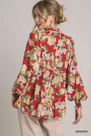 Umgee Gold Foil Floral Print Top in Sangria