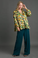 Umgee Satin Floral Ruffle Trim Detail BabyDoll Top in Goldenrod