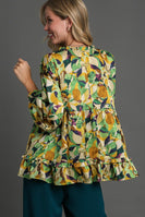 Umgee Satin Floral Ruffle Trim Detail BabyDoll Top in Goldenrod